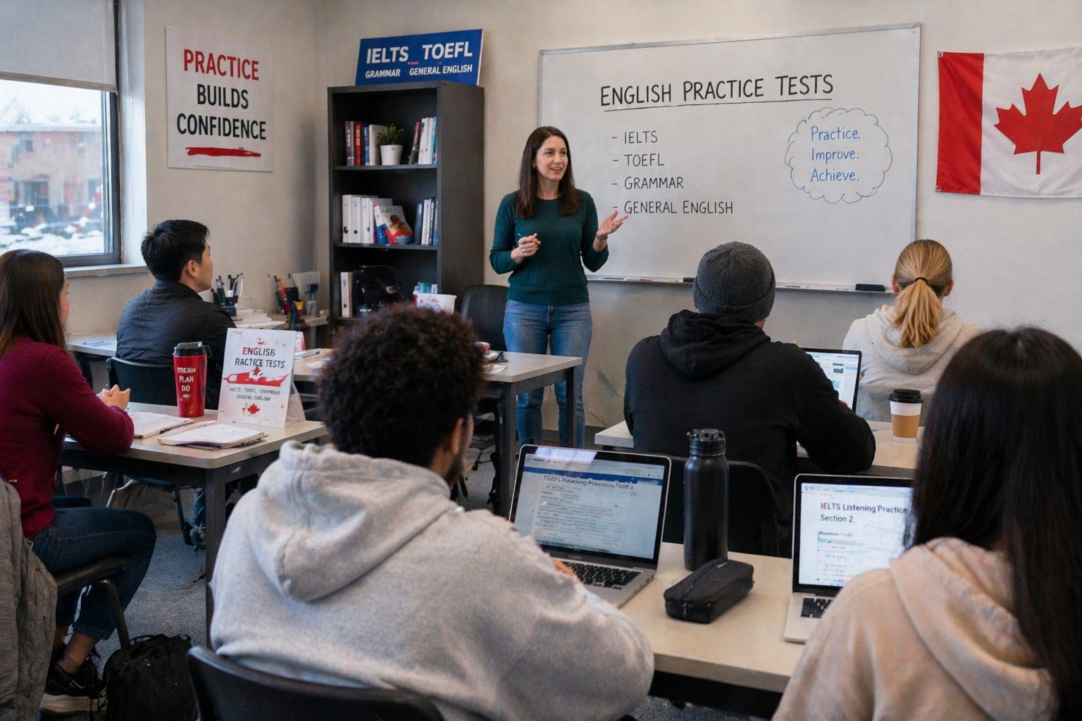Students in a classroom working on English practice tests in Canada